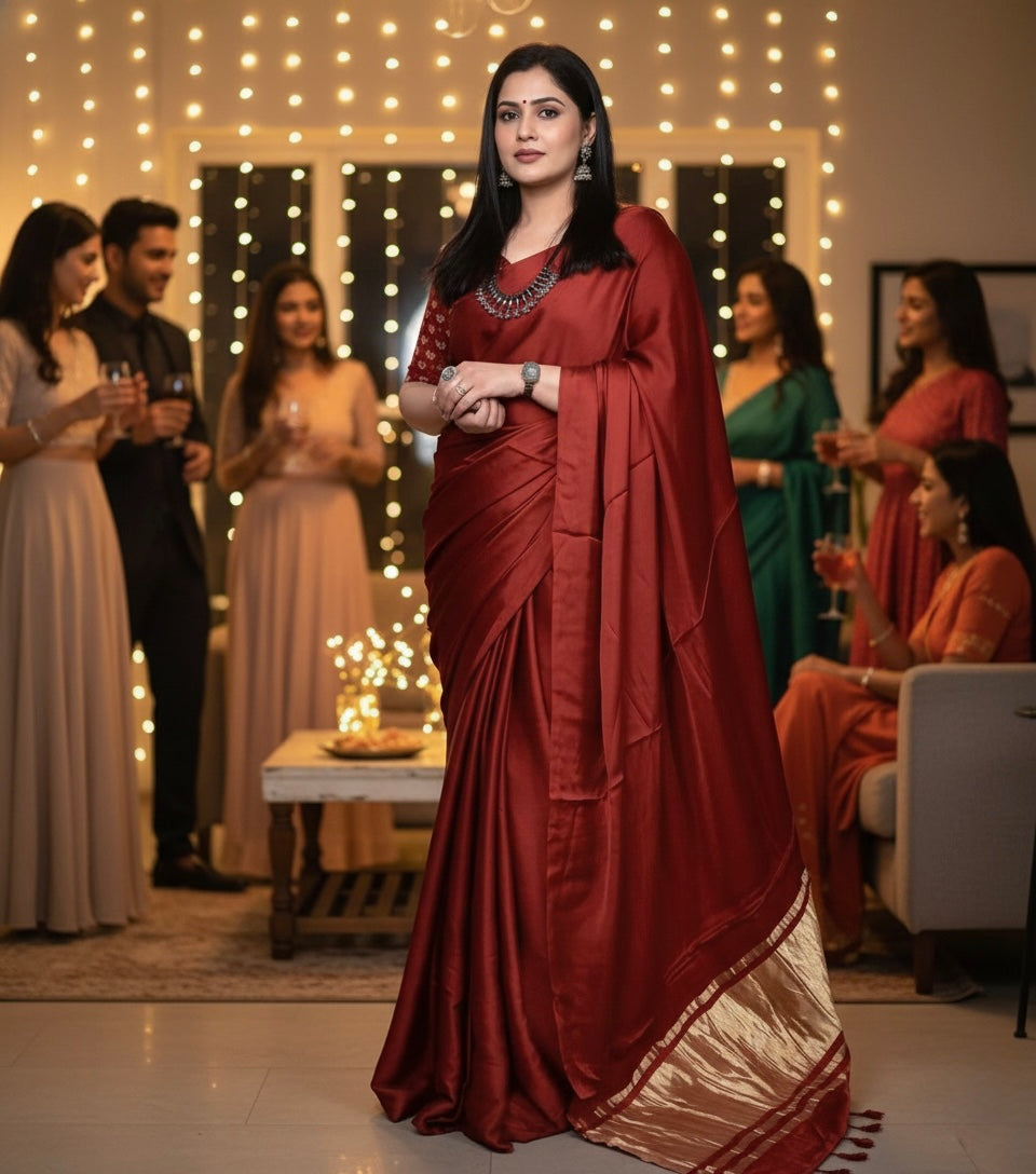 Maroon colour pure gajji silk saree with lagdi patta pallu