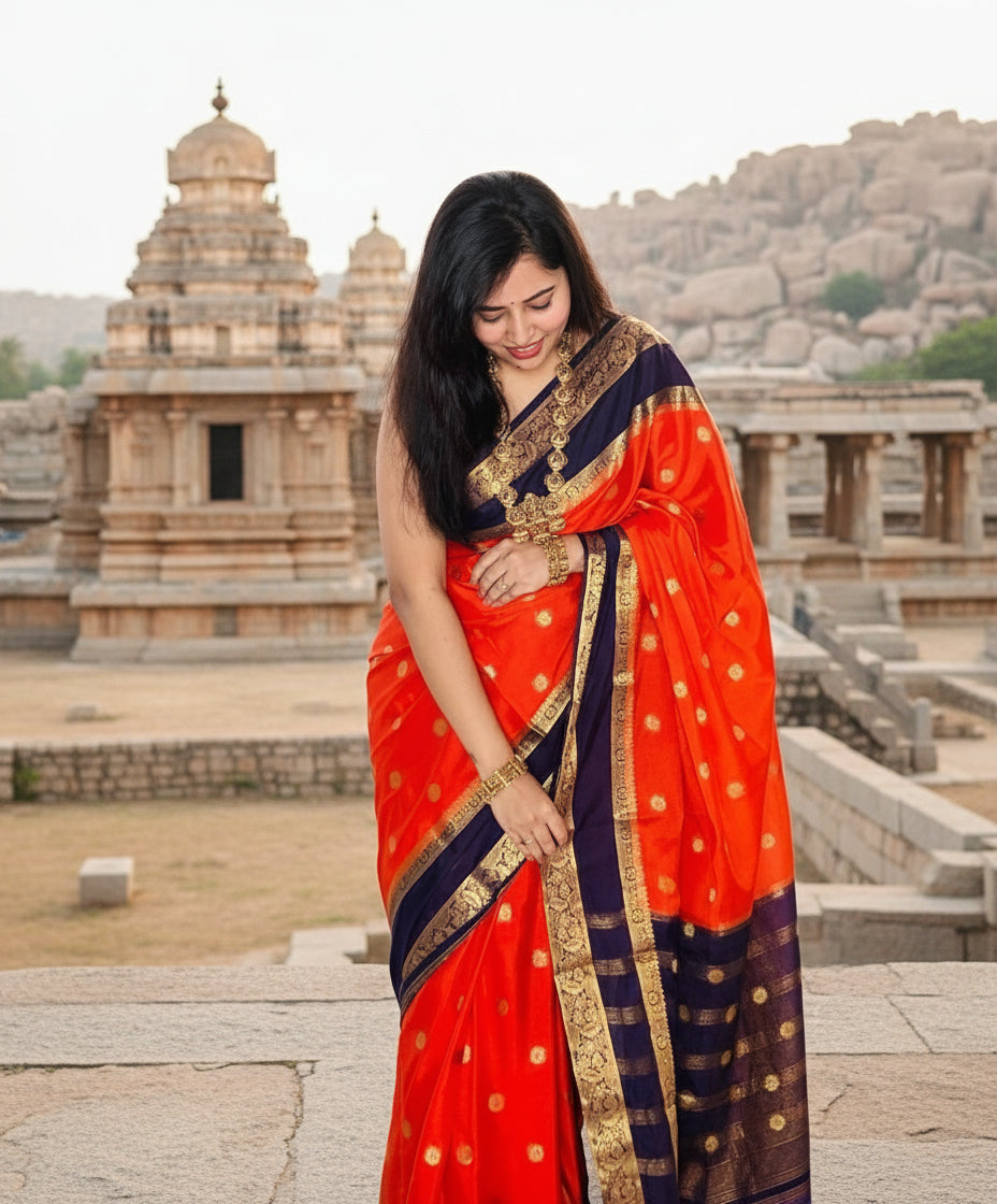 Orange and Navy blue Bentex border Semi Crepe Saree