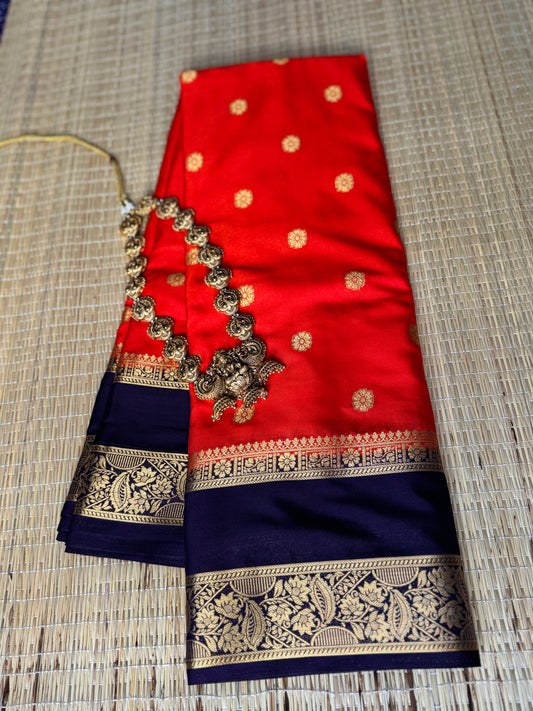 Orange and Navy blue Bentex border Semi Crepe Saree