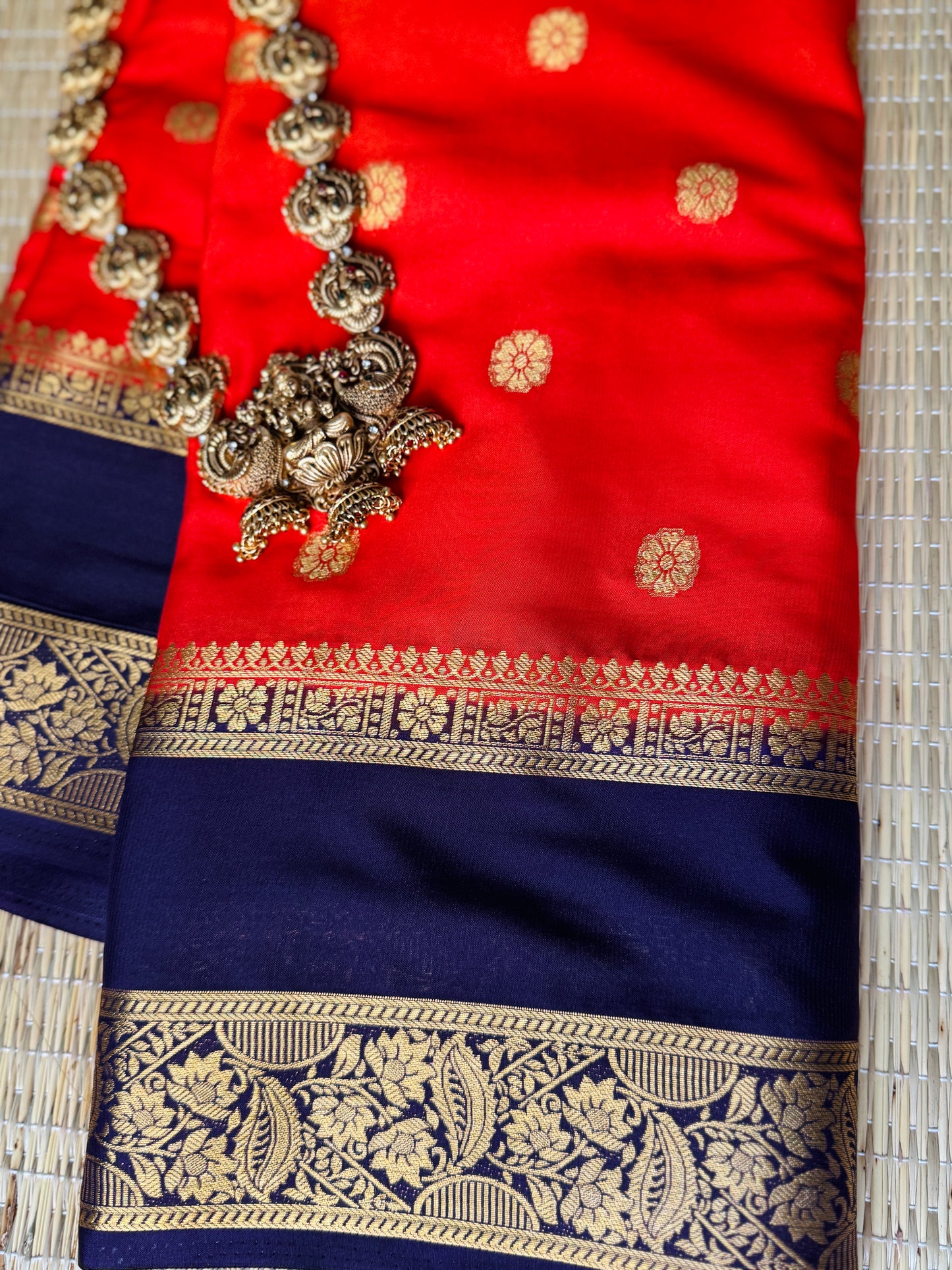 Orange and Navy blue Bentex border Semi Crepe Saree