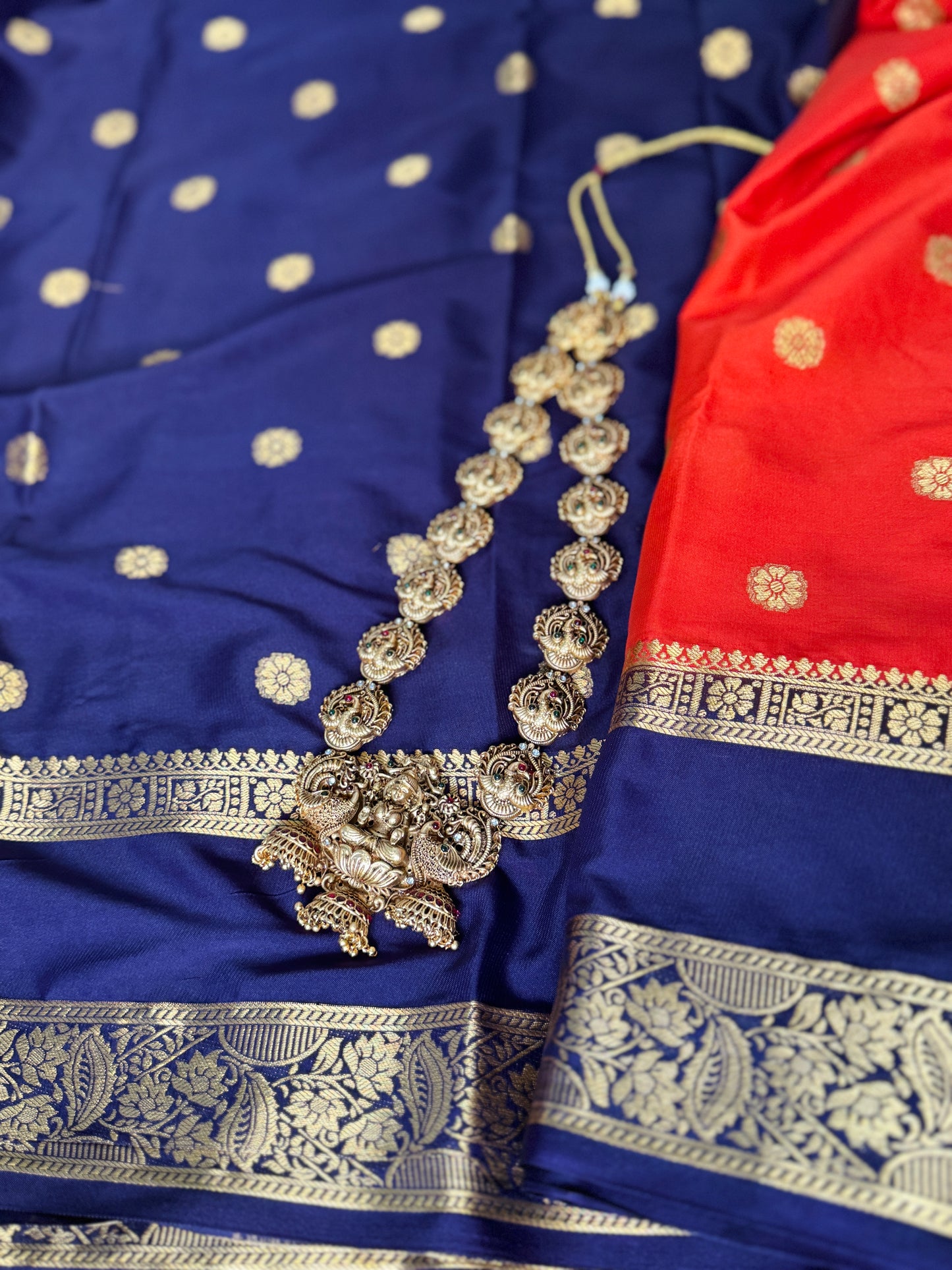 Orange and Navy blue Bentex border Semi Crepe Saree