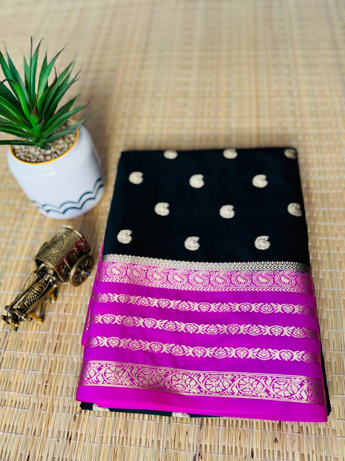 Black and pink Bentex border Semi Crepe Saree