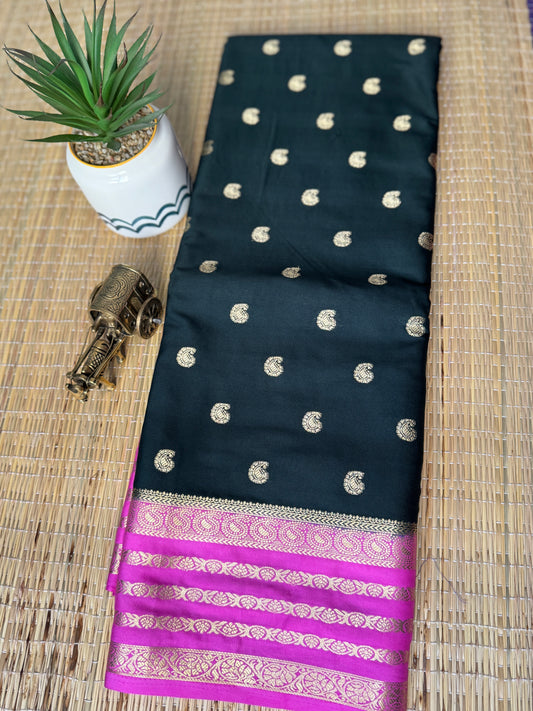 Bottle green and baby pink Mysore silk Crepe Saree with Bentex Border