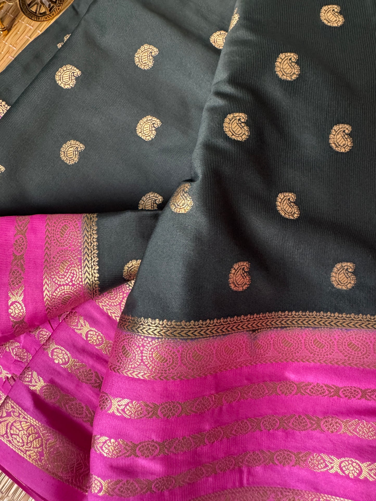 Bottle green and baby pink Mysore silk Crepe Saree with Bentex Border
