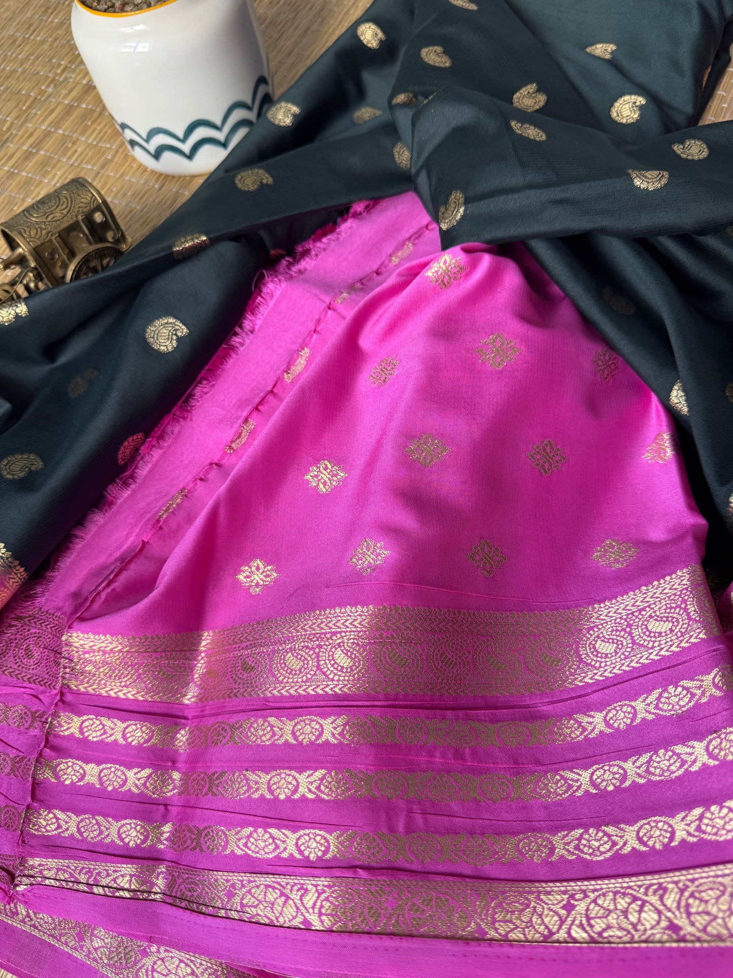 Bottle green and baby pink Mysore silk Crepe Saree with Bentex Border