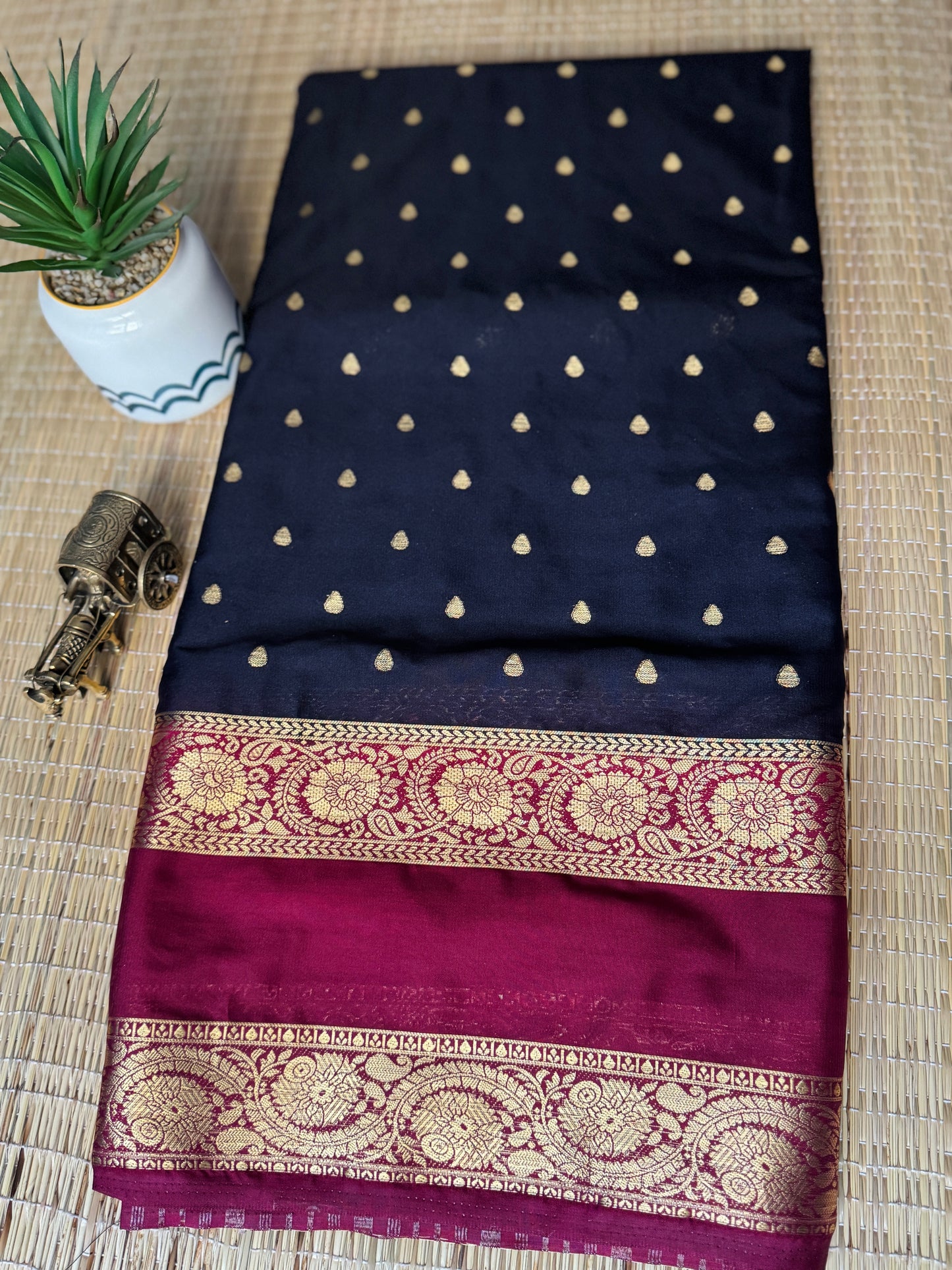 Black and Maroon Semi Crepe silk saree with Bentex border
