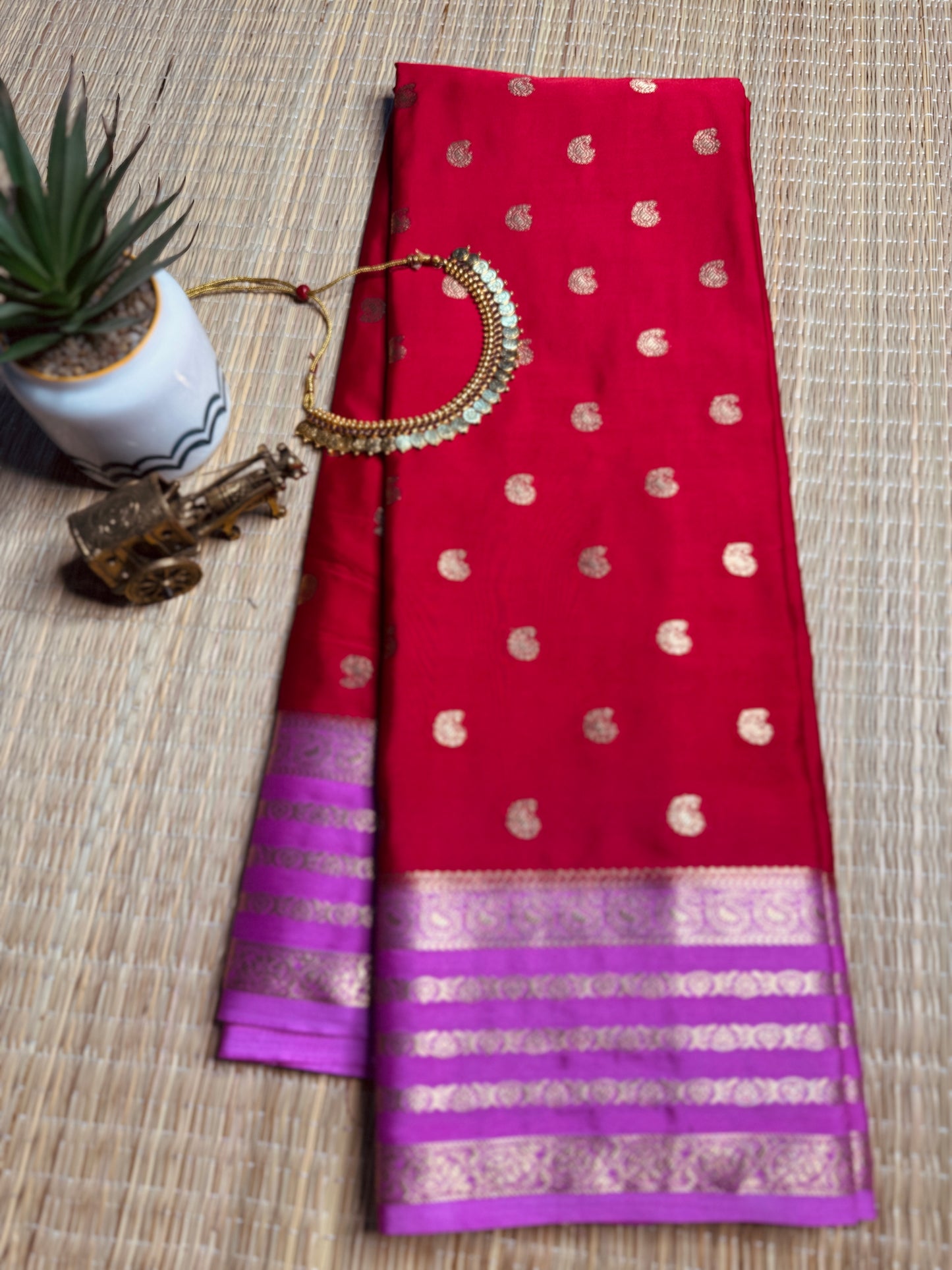 Red and Pink Semi Mysore silk Crepe saree with Bentex border