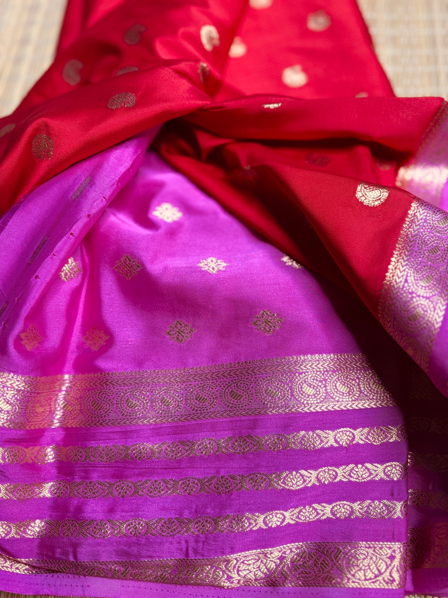 Red and Pink Semi Mysore silk Crepe saree with Bentex border