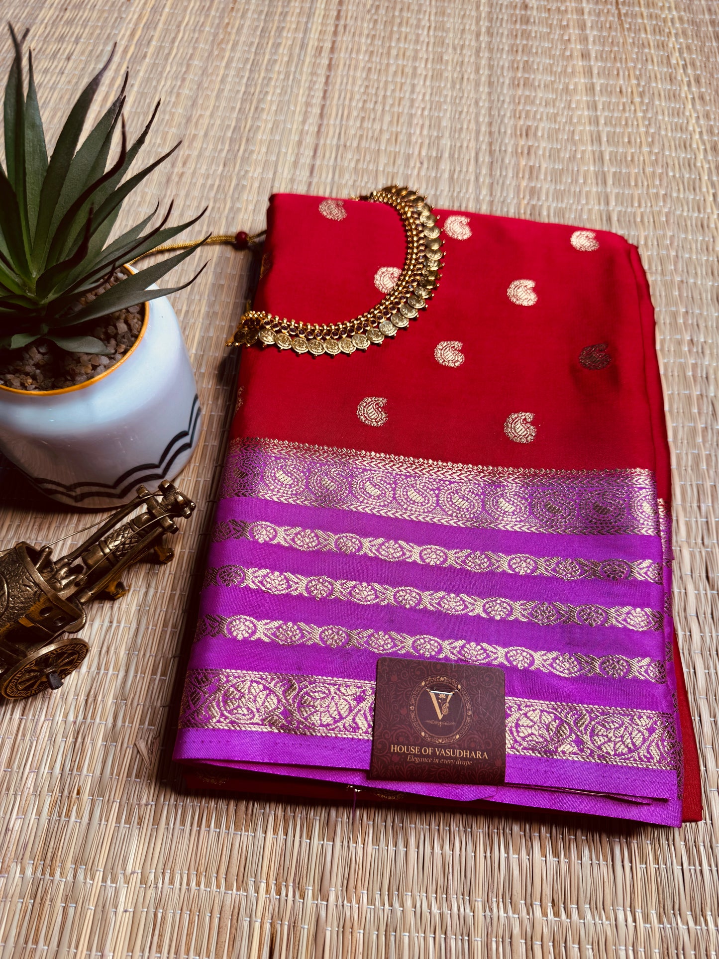 Red and Pink Semi Mysore silk Crepe saree with Bentex border
