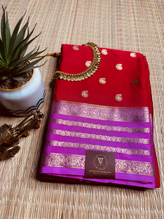 Red and Pink Semi Mysore silk Crepe saree with Bentex border
