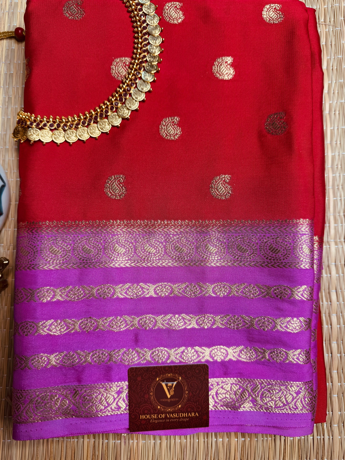 Red and Pink Semi Mysore silk Crepe saree with Bentex border