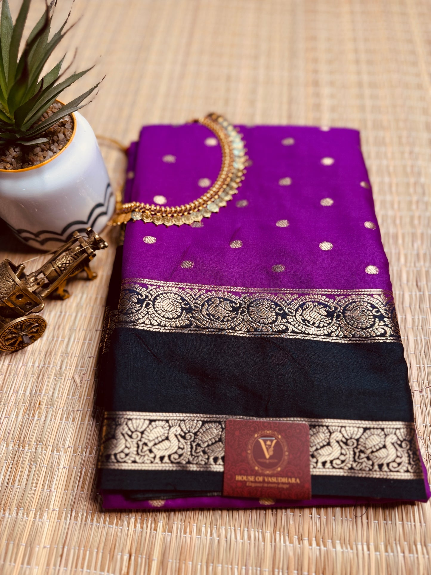 Magenta and Black Semi Mysore silk Crepe saree with Bentex border