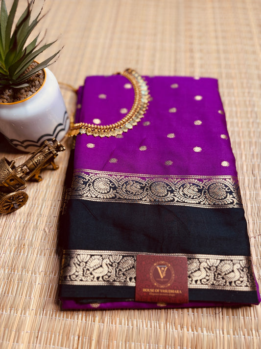 Magenta and Black Semi Mysore silk Crepe saree with Bentex border