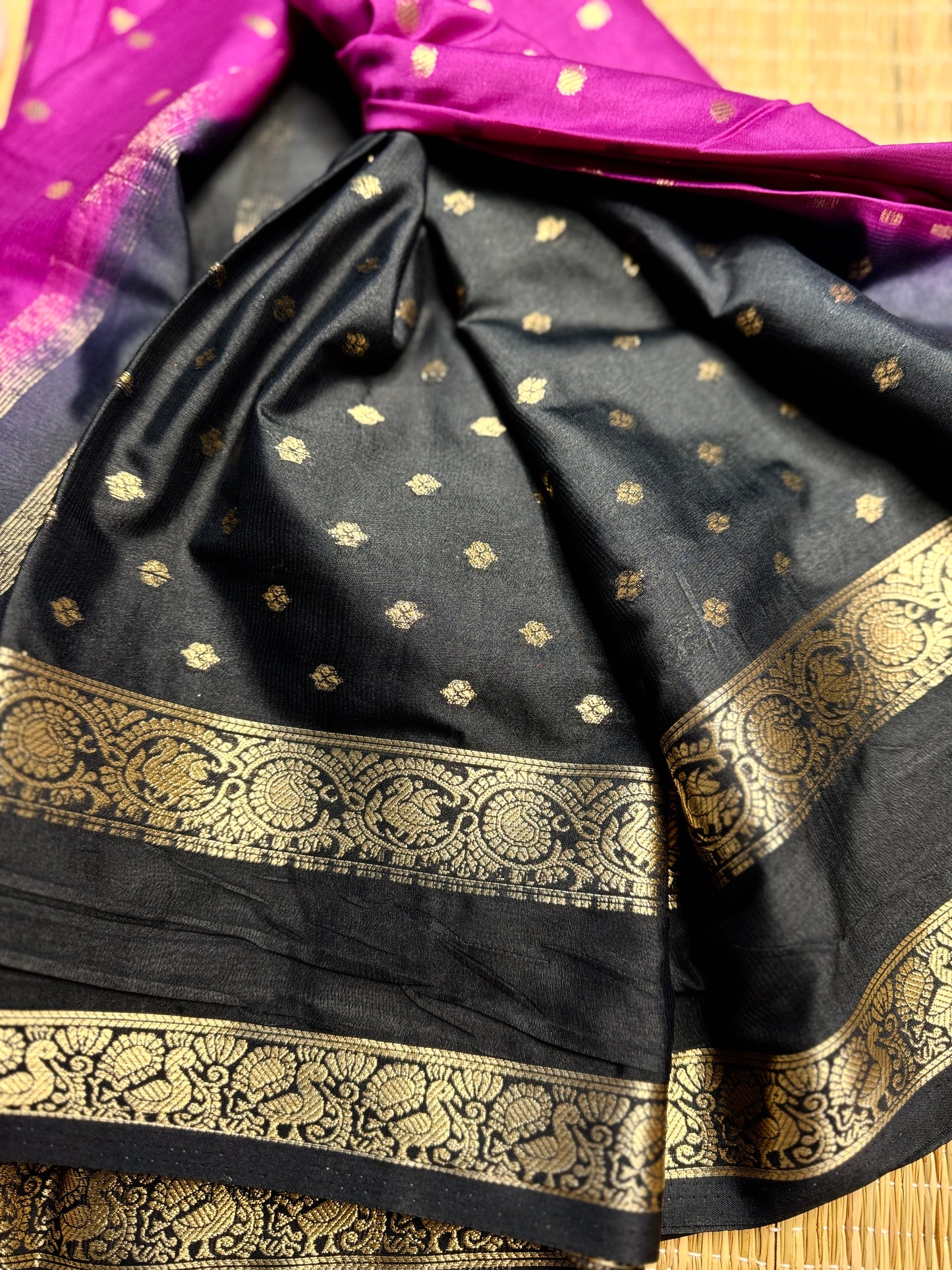 Magenta and Black Semi Mysore silk Crepe saree with Bentex border