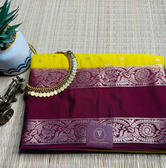 Yellow and Brown Semi Mysore silk Crepe saree with Bentex border