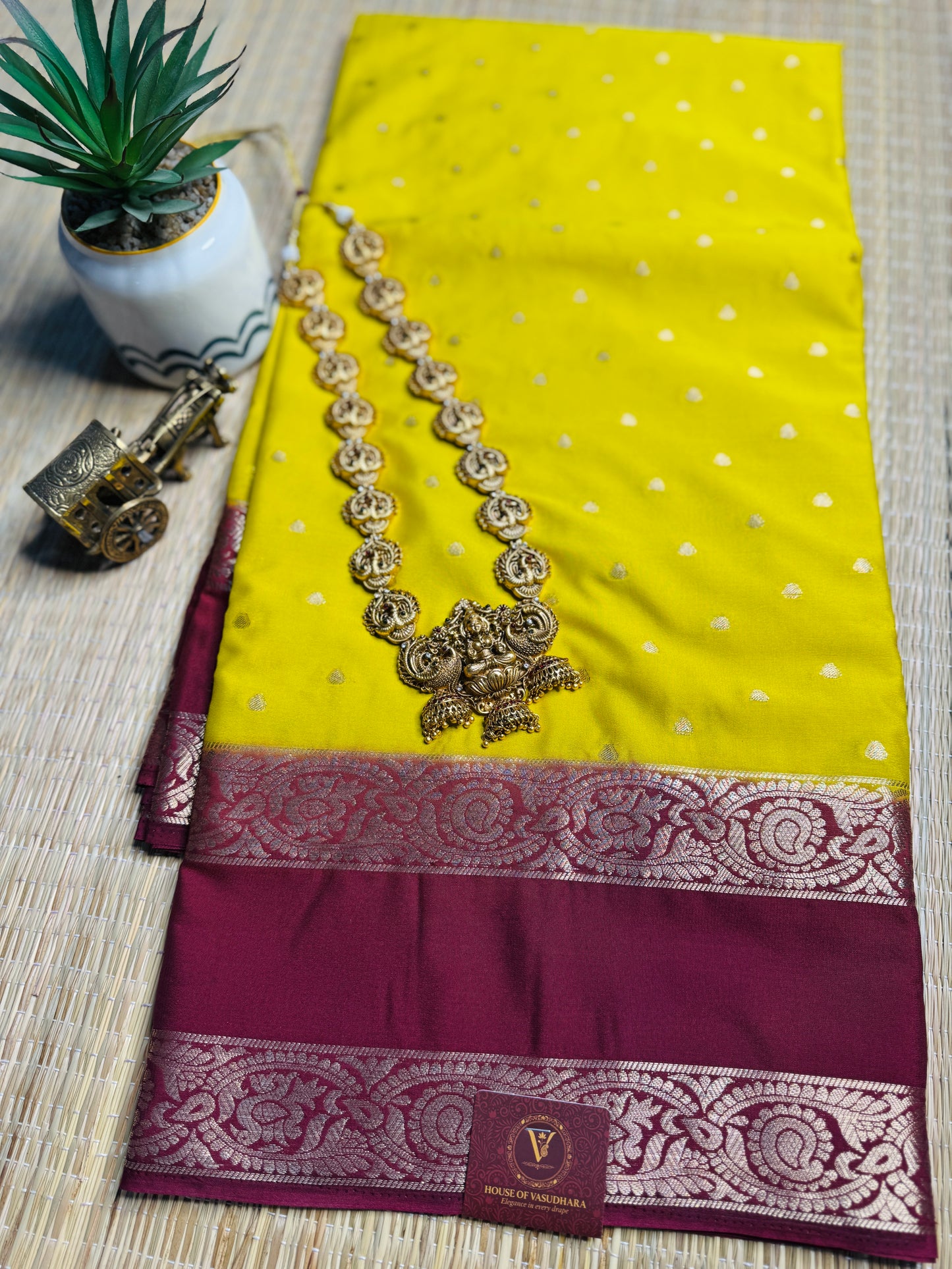 Yellow and Brown Semi Mysore silk Crepe saree with Bentex border