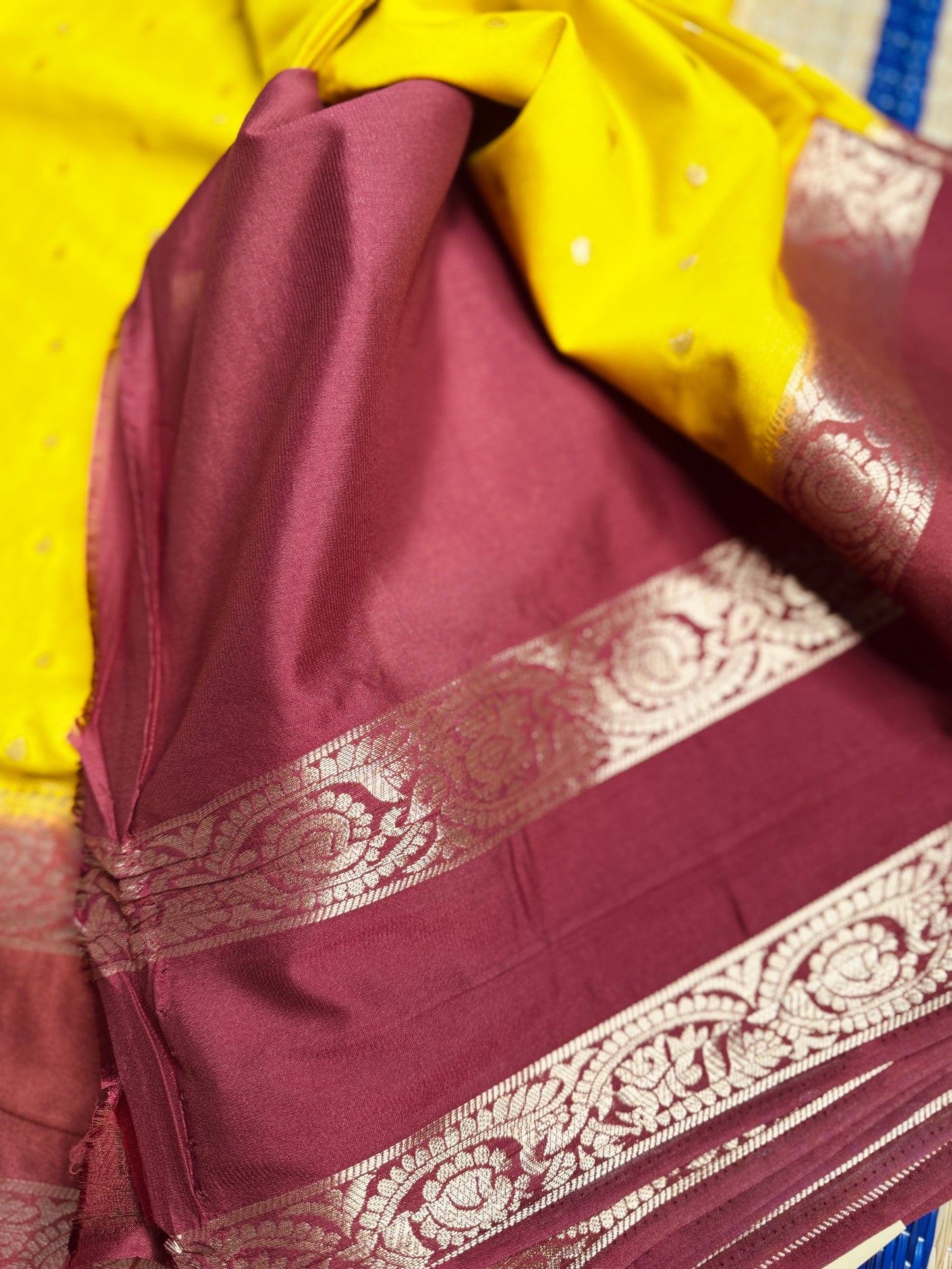 Yellow and Brown Semi Mysore silk Crepe saree with Bentex border