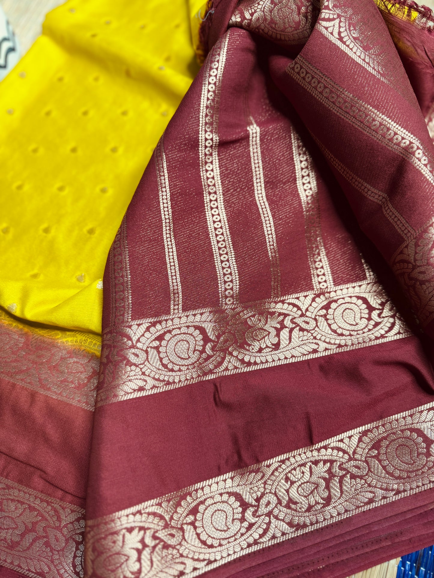Yellow and Brown Semi Mysore silk Crepe saree with Bentex border