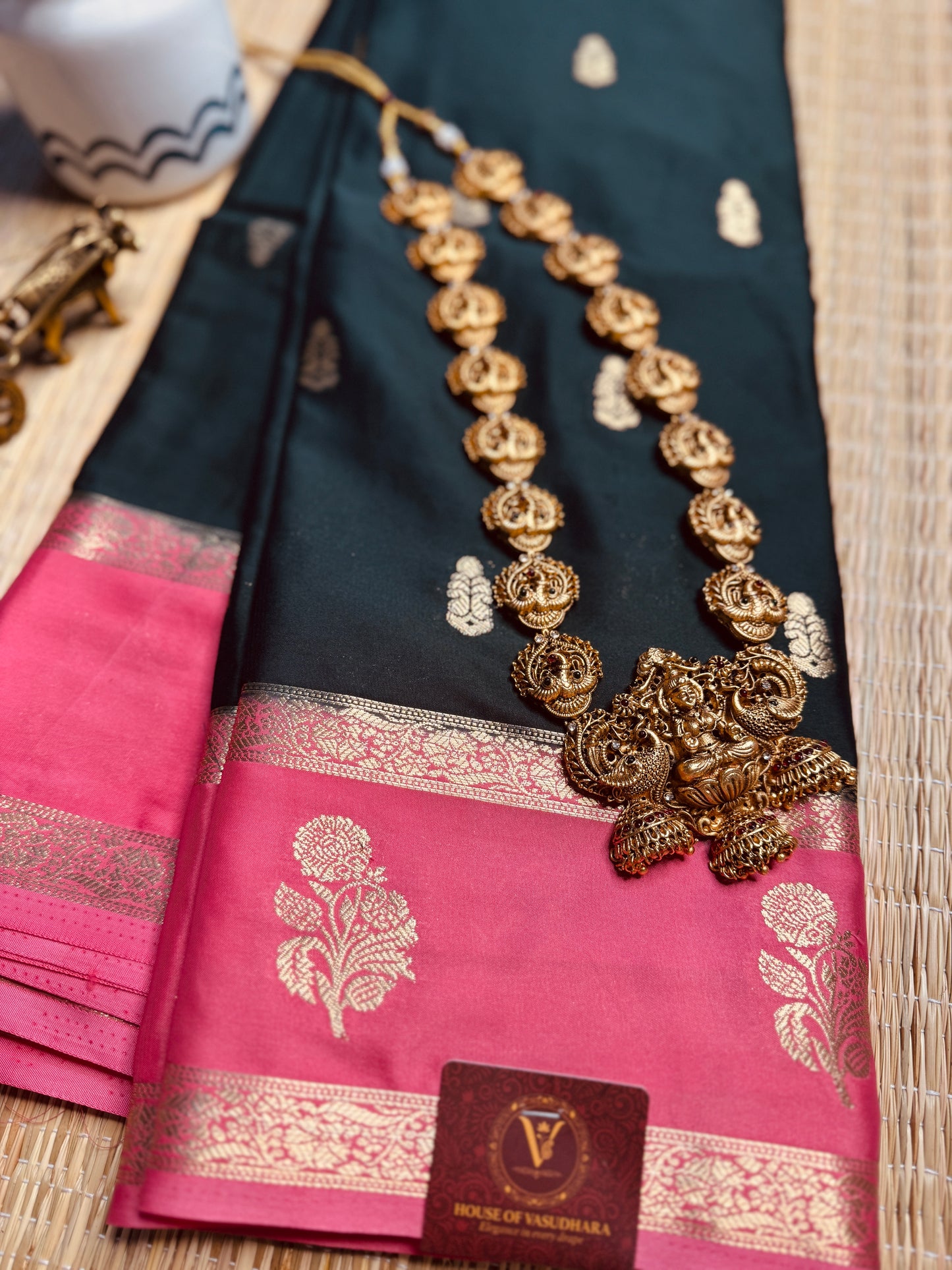 Bottle green and baby pink Semi Mysore silk Crepe Saree with Bentex border