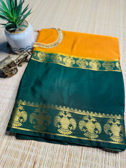 Mustard Yellow and Green Semi Mysore silk Crepe Saree with Gandaberunda in Bentex border
