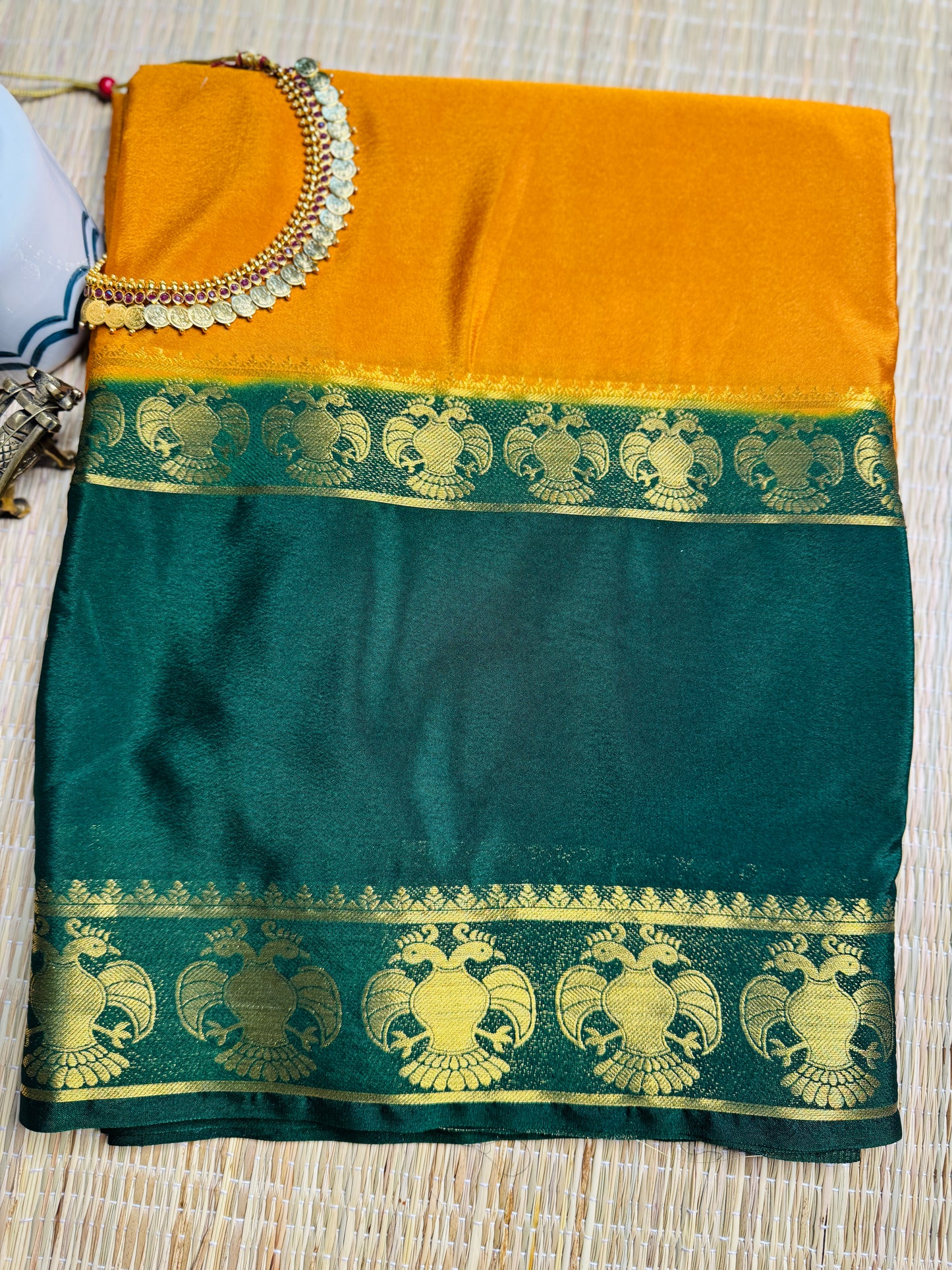 Mustard Yellow and Green Semi Mysore silk Crepe Saree with Gandaberunda in Bentex border