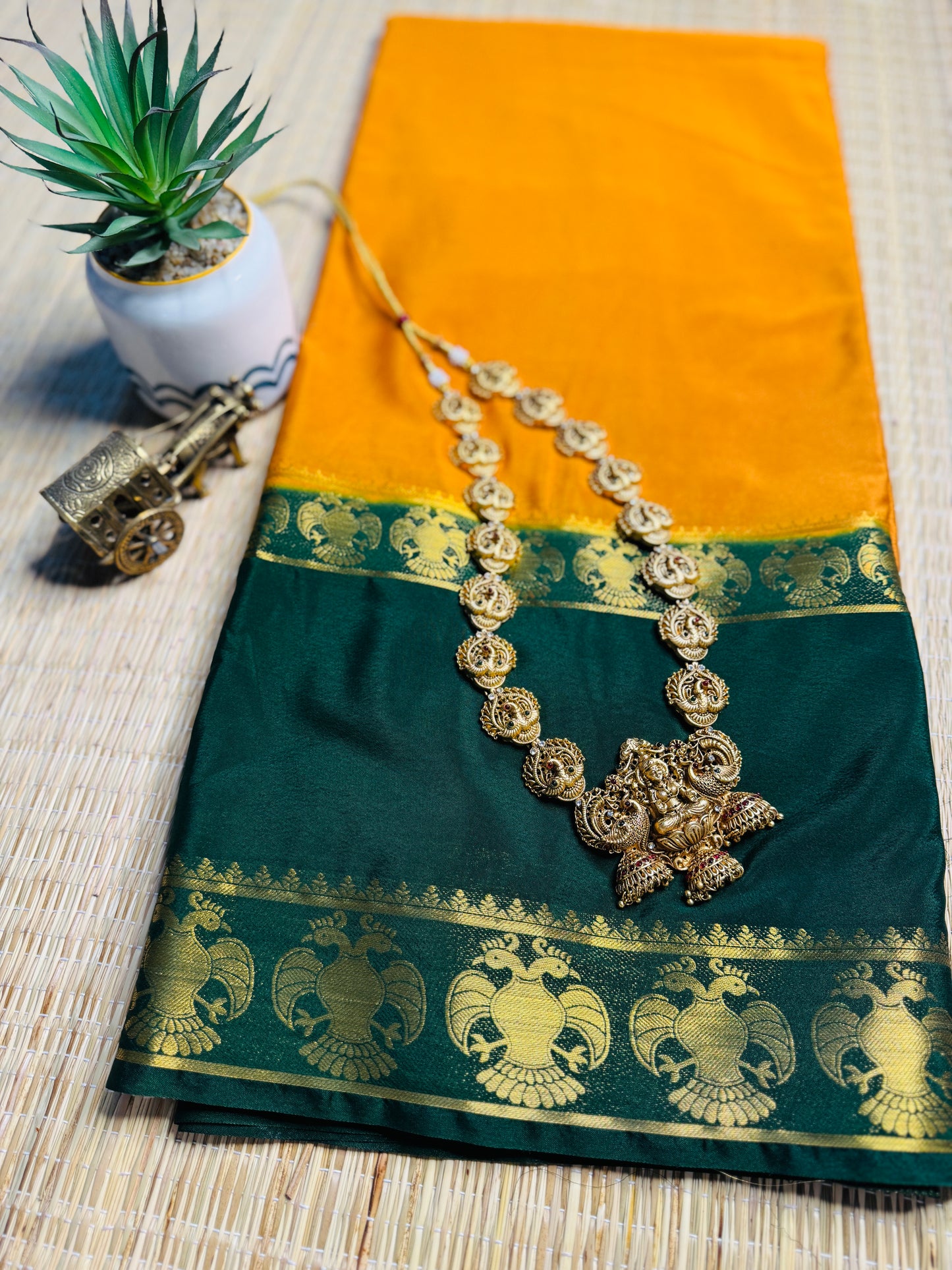 Mustard Yellow and Green Semi Mysore silk Crepe Saree with Gandaberunda in Bentex border