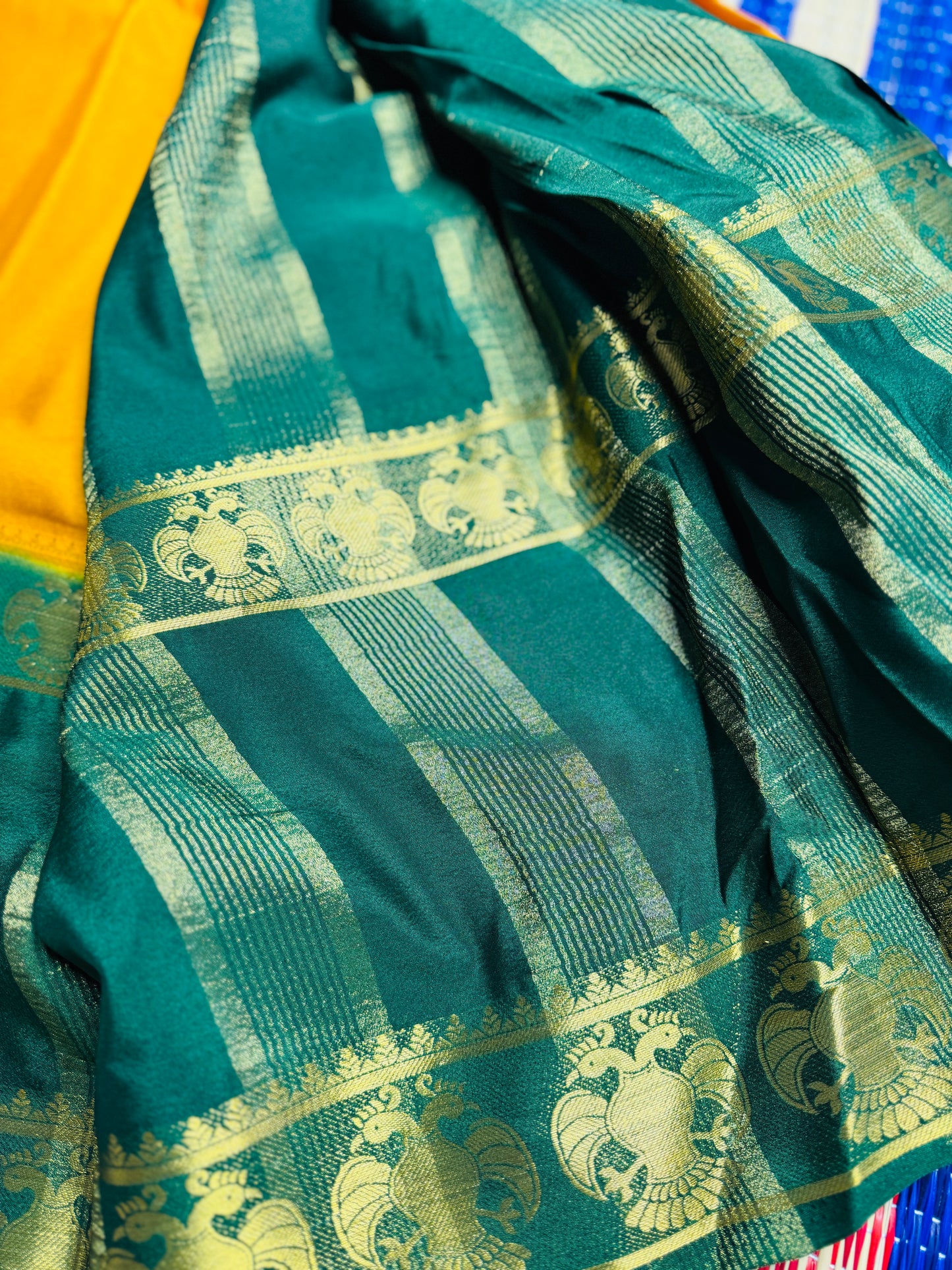 Mustard Yellow and Green Semi Mysore silk Crepe Saree with Gandaberunda in Bentex border