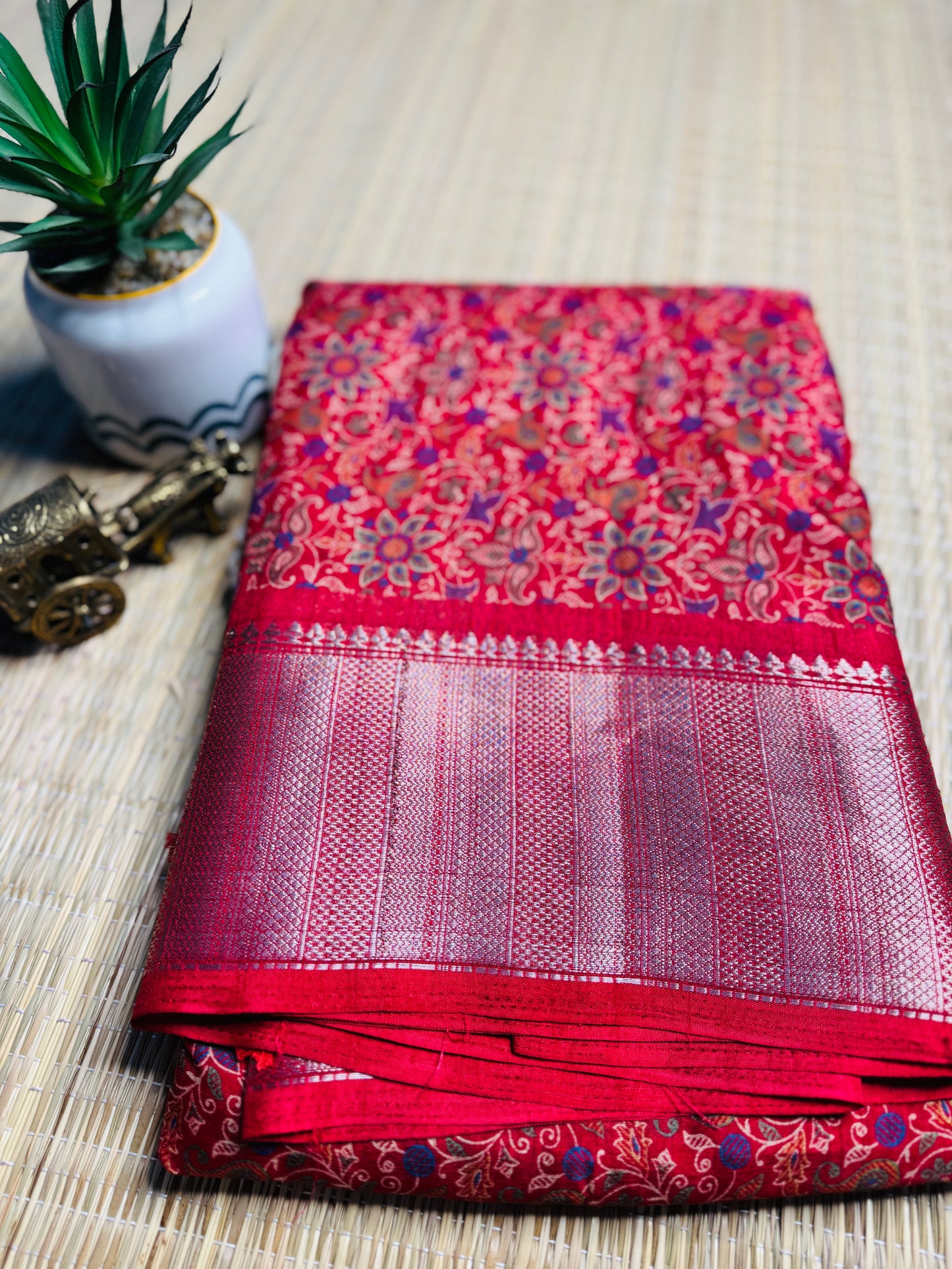 Red Dola Silk Saree with floral print