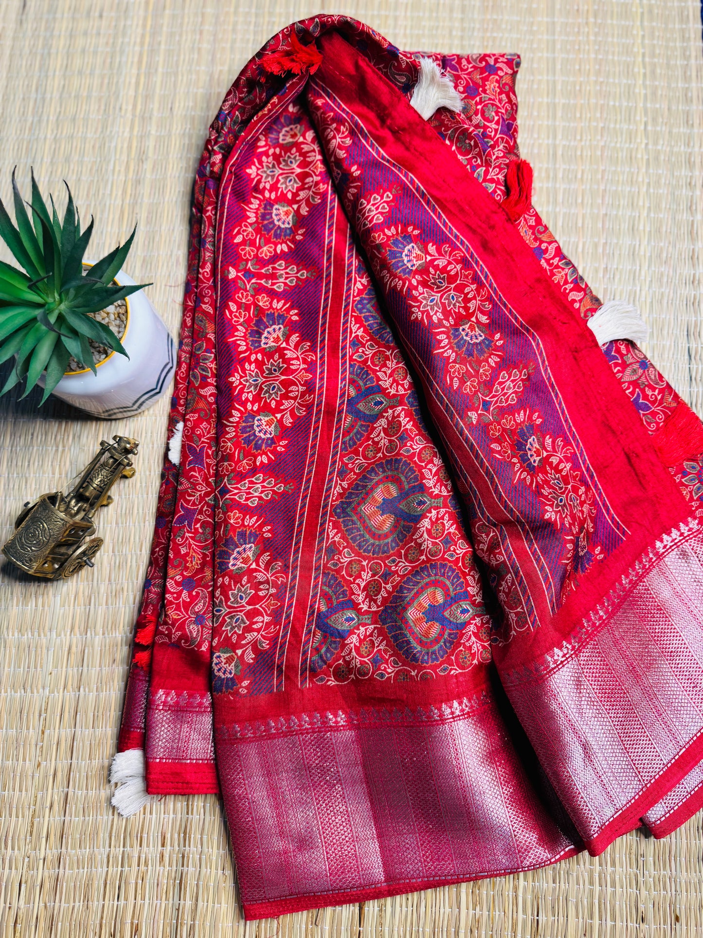 Red Dola Silk Saree with floral print