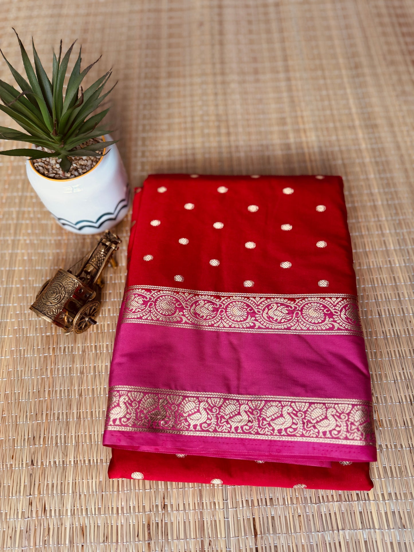 Red and Baby Pink Semi Mysore silk Crepe saree with Bentex border