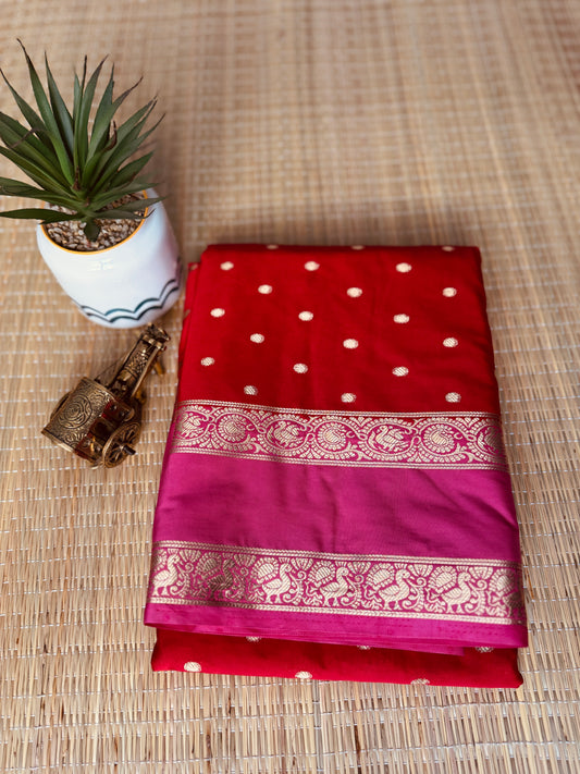 Red and Baby Pink Semi Mysore silk Crepe saree with Bentex border