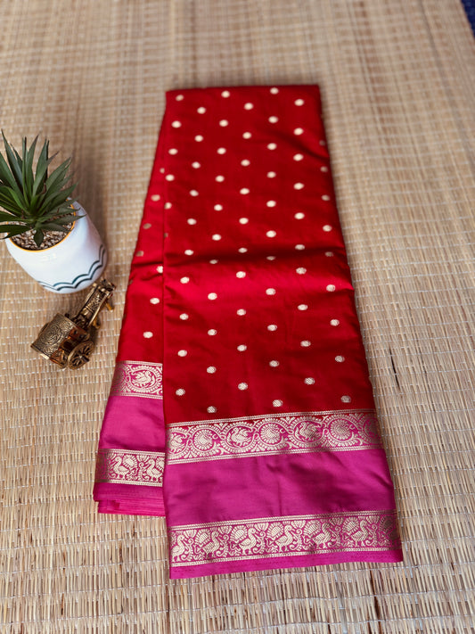 Red and Baby Pink Semi Mysore silk Crepe saree with Bentex border