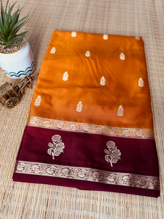 Mustard Yellow and Brown Semi Mysore silk Crepe Saree with Bentex border