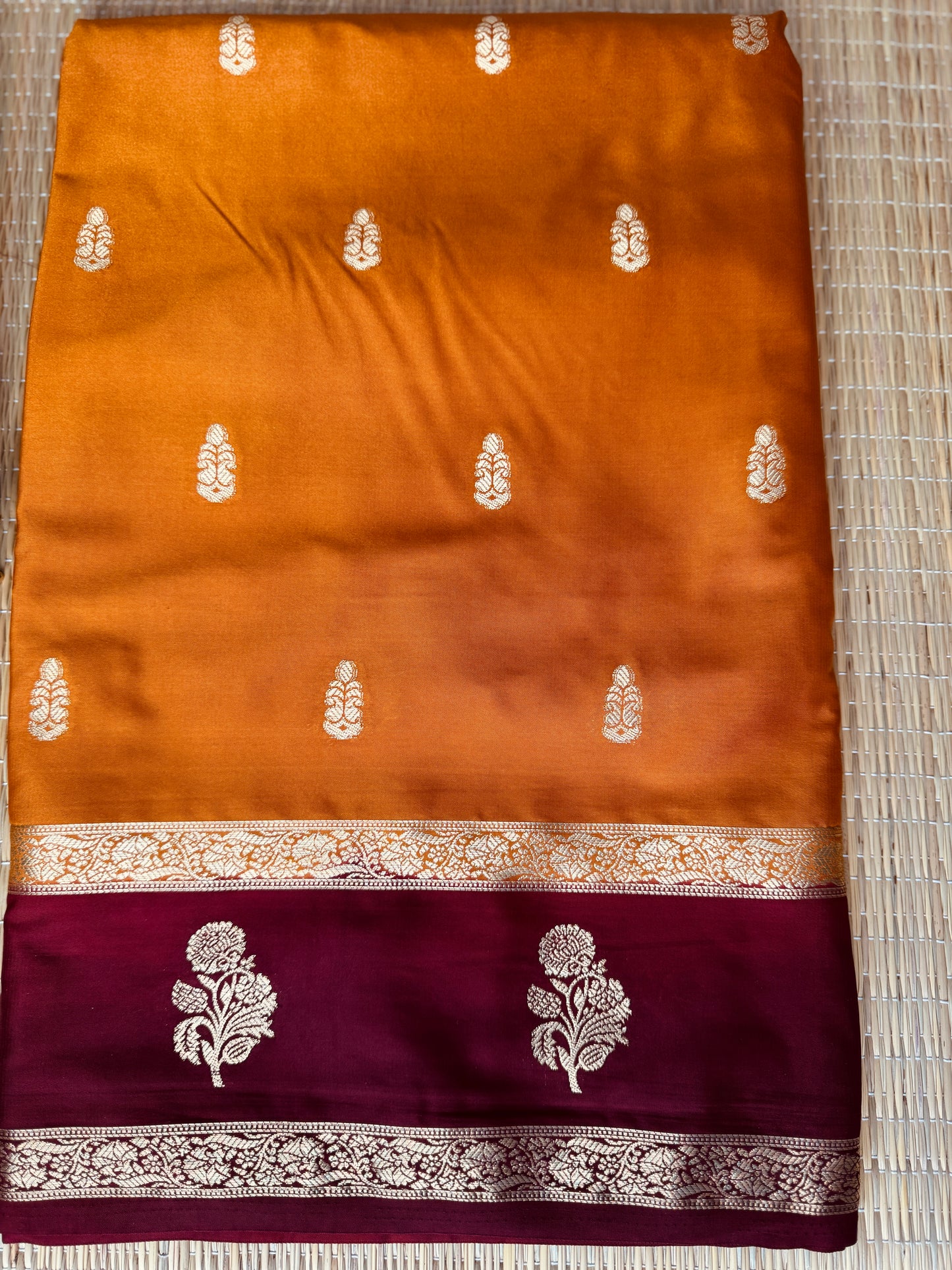 Mustard Yellow and Brown Semi Mysore silk Crepe Saree with Bentex border