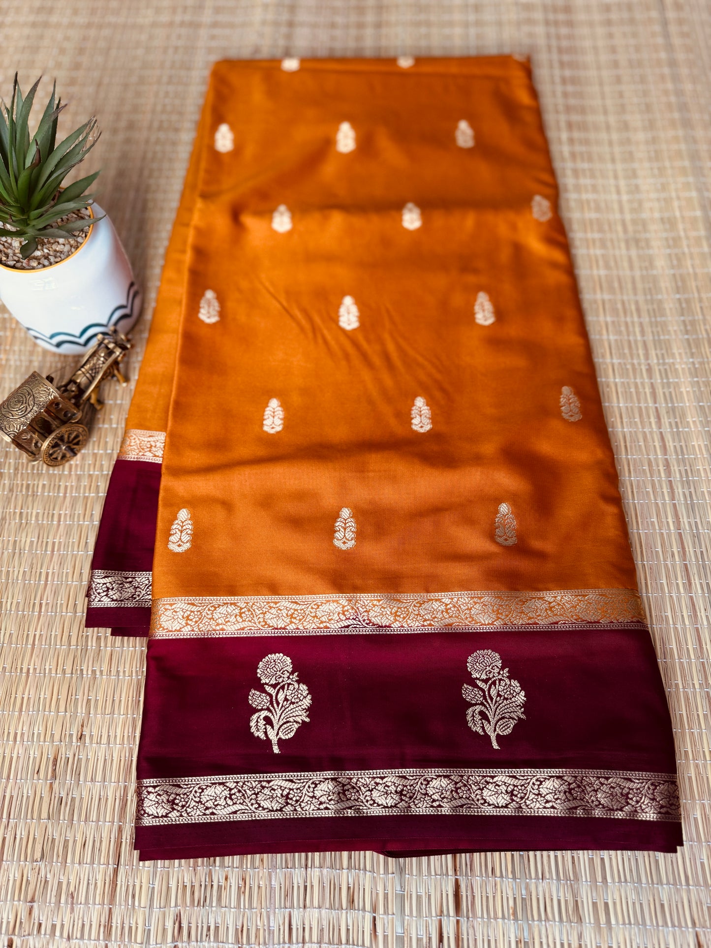 Mustard Yellow and Brown Semi Mysore silk Crepe Saree with Bentex border