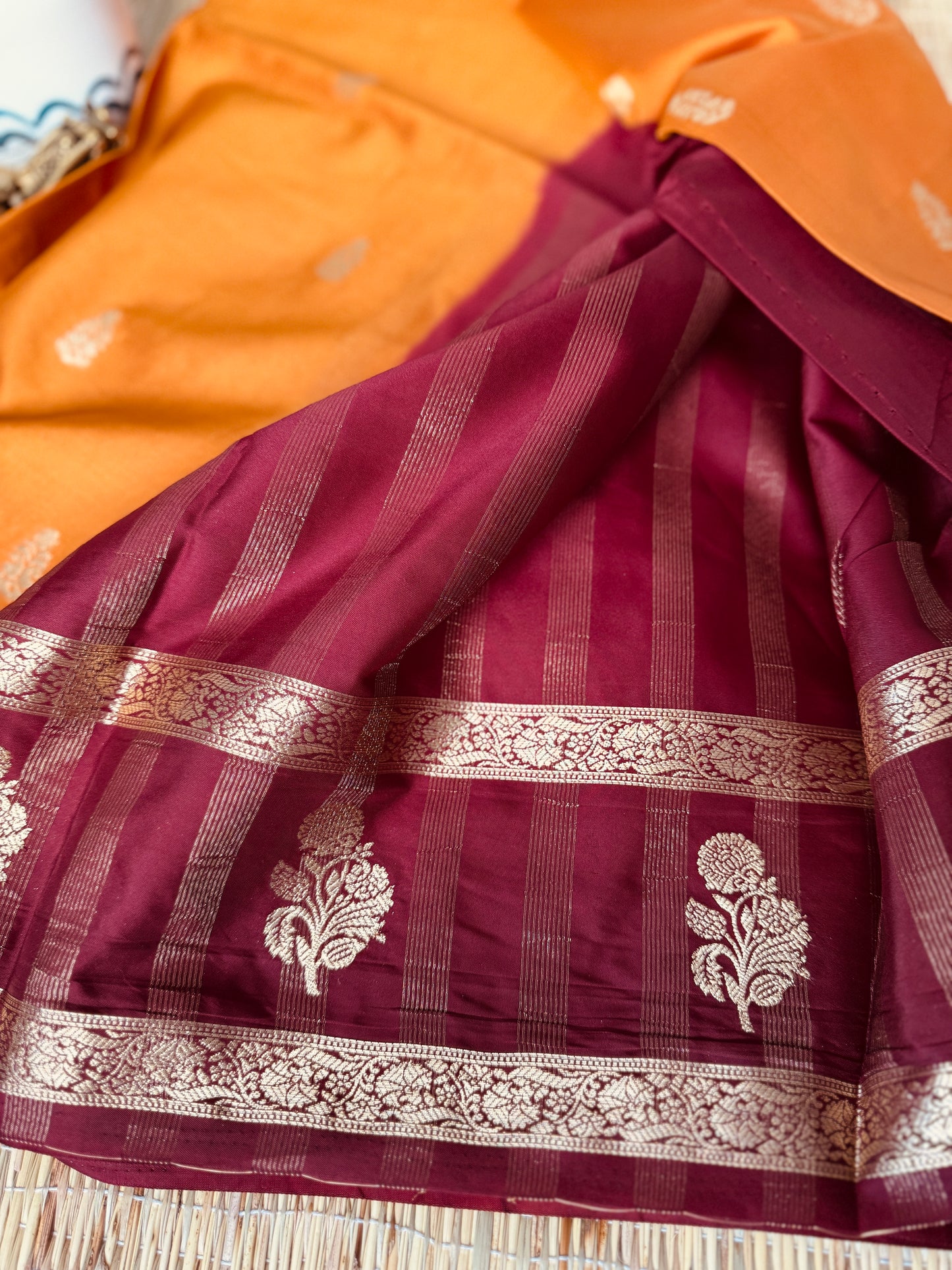 Mustard Yellow and Brown Semi Mysore silk Crepe Saree with Bentex border