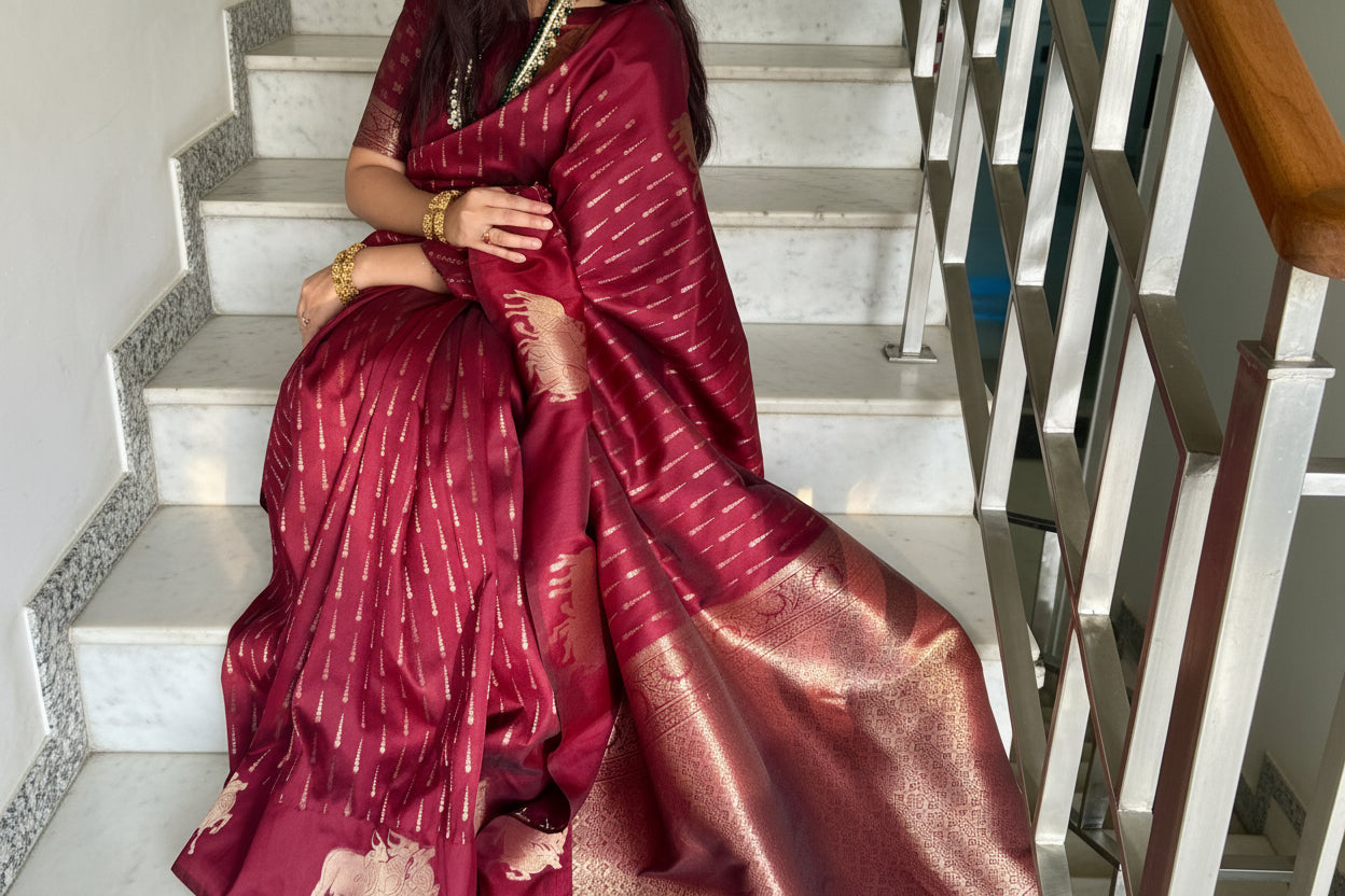 Wine-maroon Pichwai motifs Litchi Silk saree