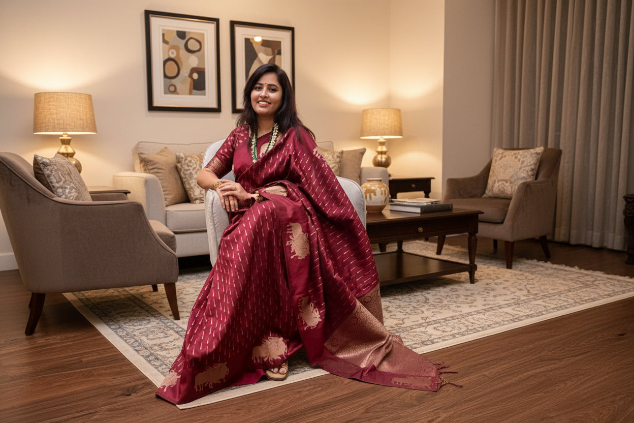 Wine-maroon Pichwai motifs Litchi Silk saree
