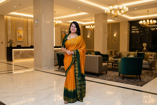 Mustard Yellow and Green Semi Mysore silk Crepe Saree with Gandaberunda in Bentex border