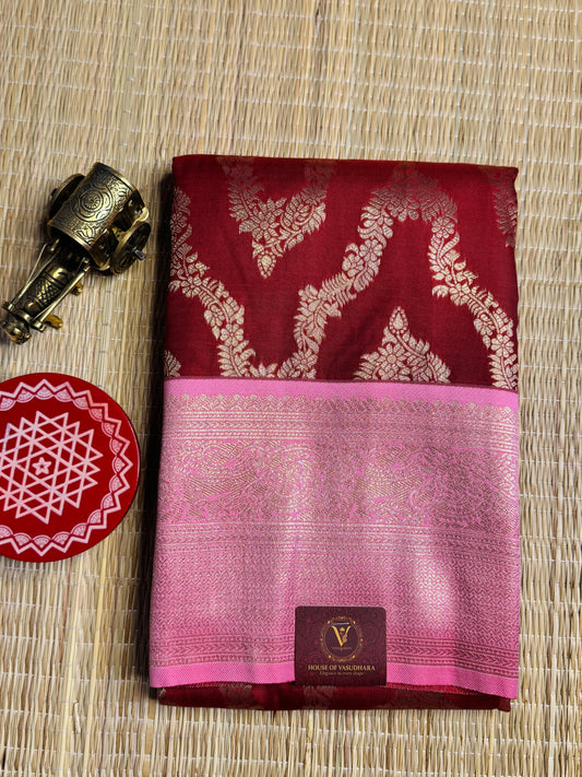 Wine-red and pink necklace pattern semi Kanchi silk