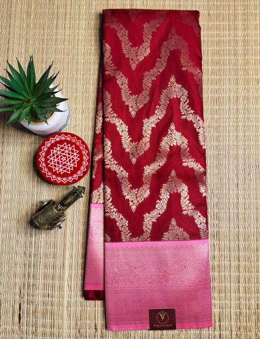 Wine-red and pink necklace pattern semi Kanchi silk