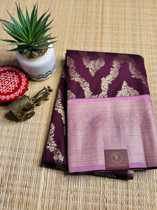 Wine-Purple and lilac pink necklace pattern semi Kanchi silk