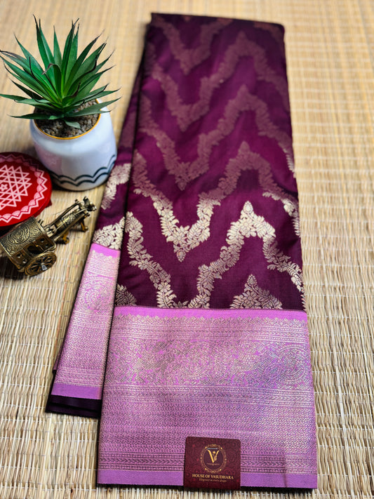 Wine-Purple and lilac pink necklace pattern semi Kanchi silk