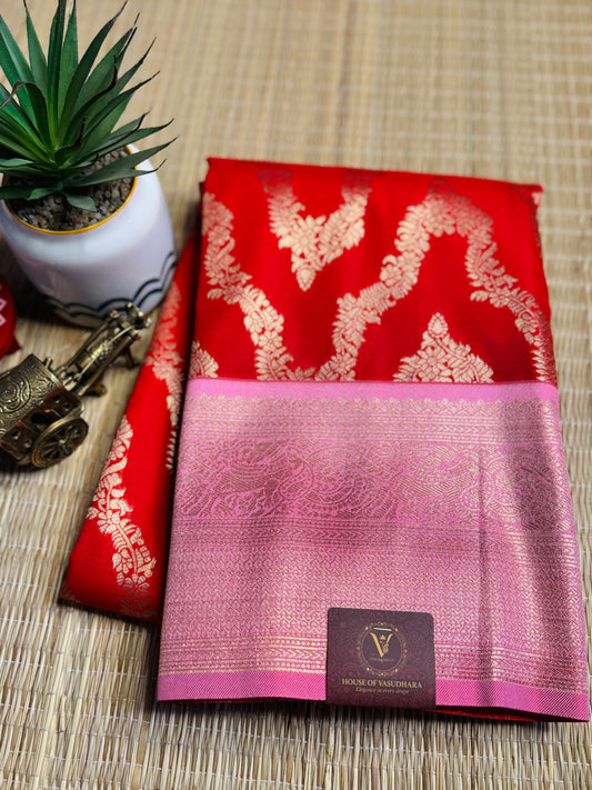 Red and pink necklace pattern semi Kanchi silk