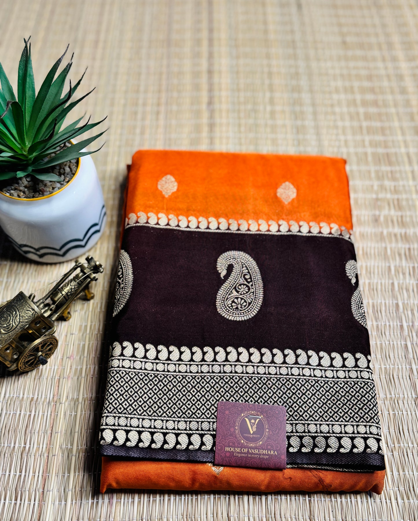 Orange and Brown semi Kanchi silk with mango border