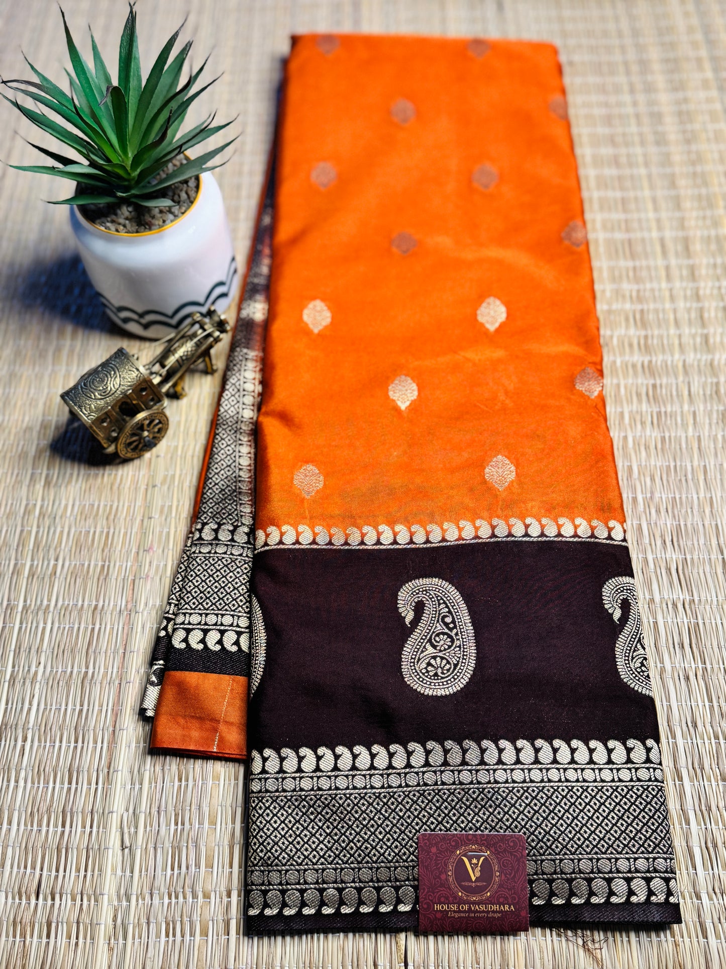 Orange and Brown semi Kanchi silk with mango border