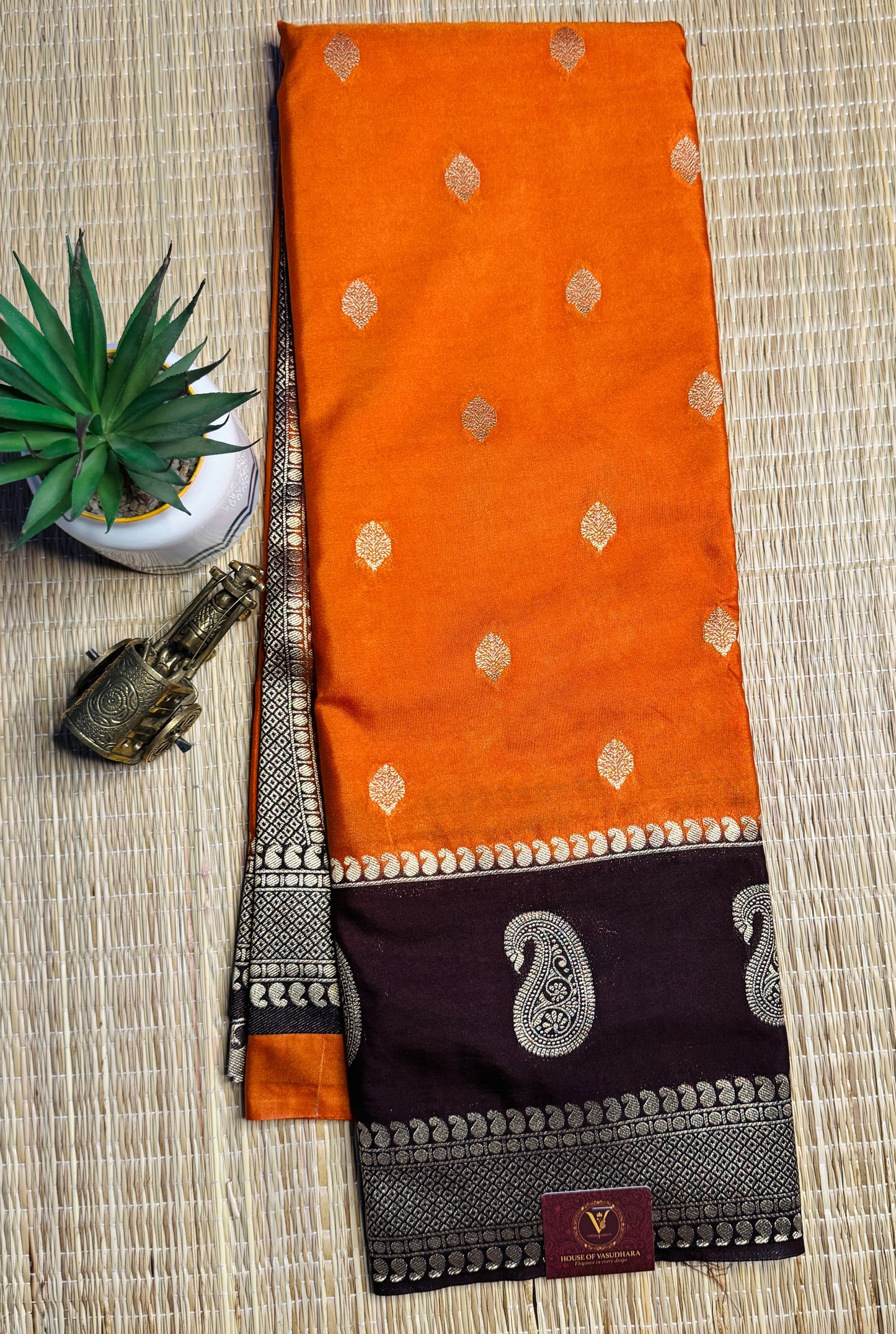 Orange and Brown semi Kanchi silk with mango border