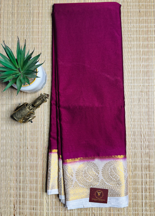 Magenta and White Semi Mysore silk Crepe Saree with Mango border