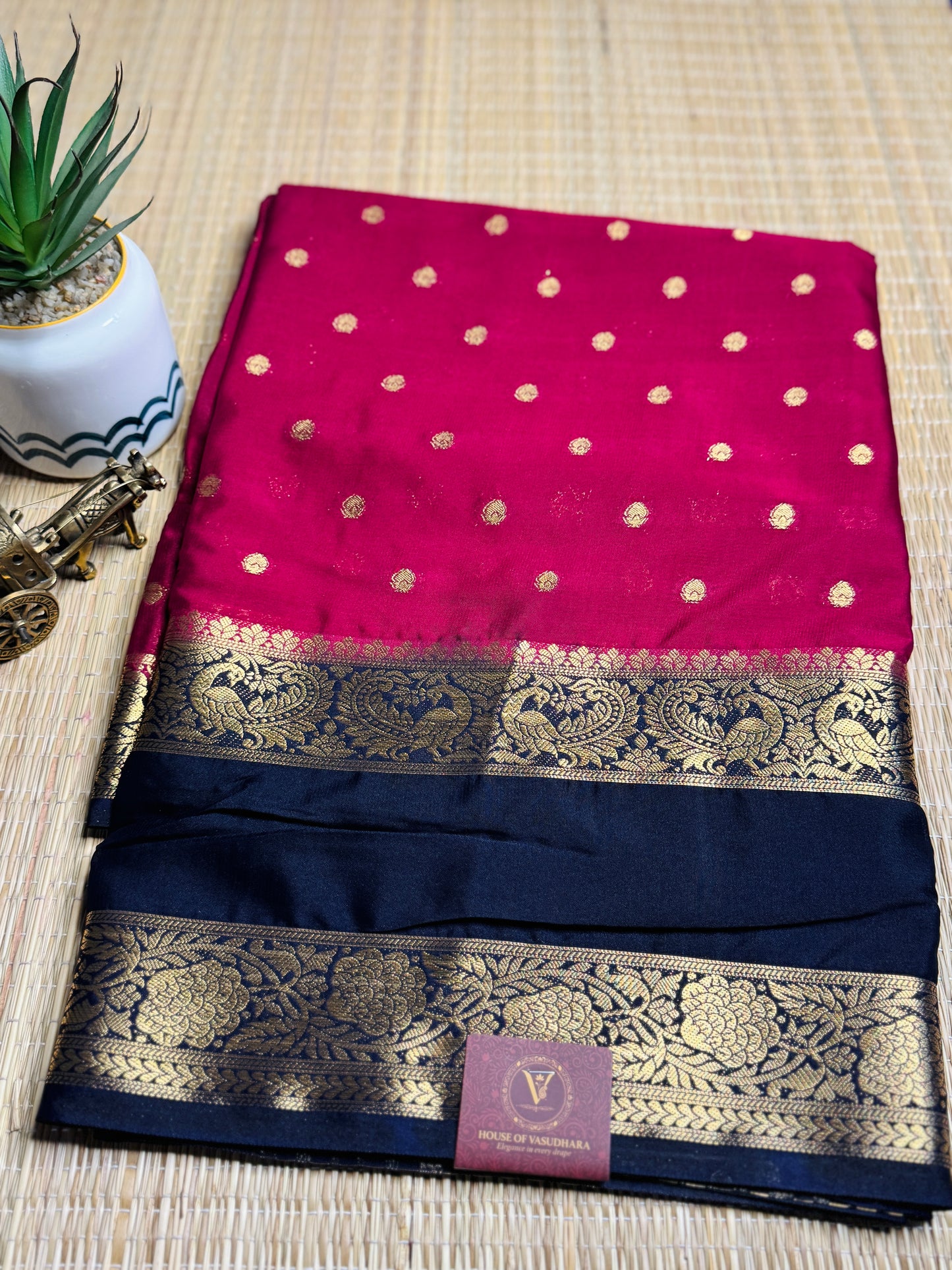 Magenta pink and Black Semi Mysore silk Crepe saree with Bentex border