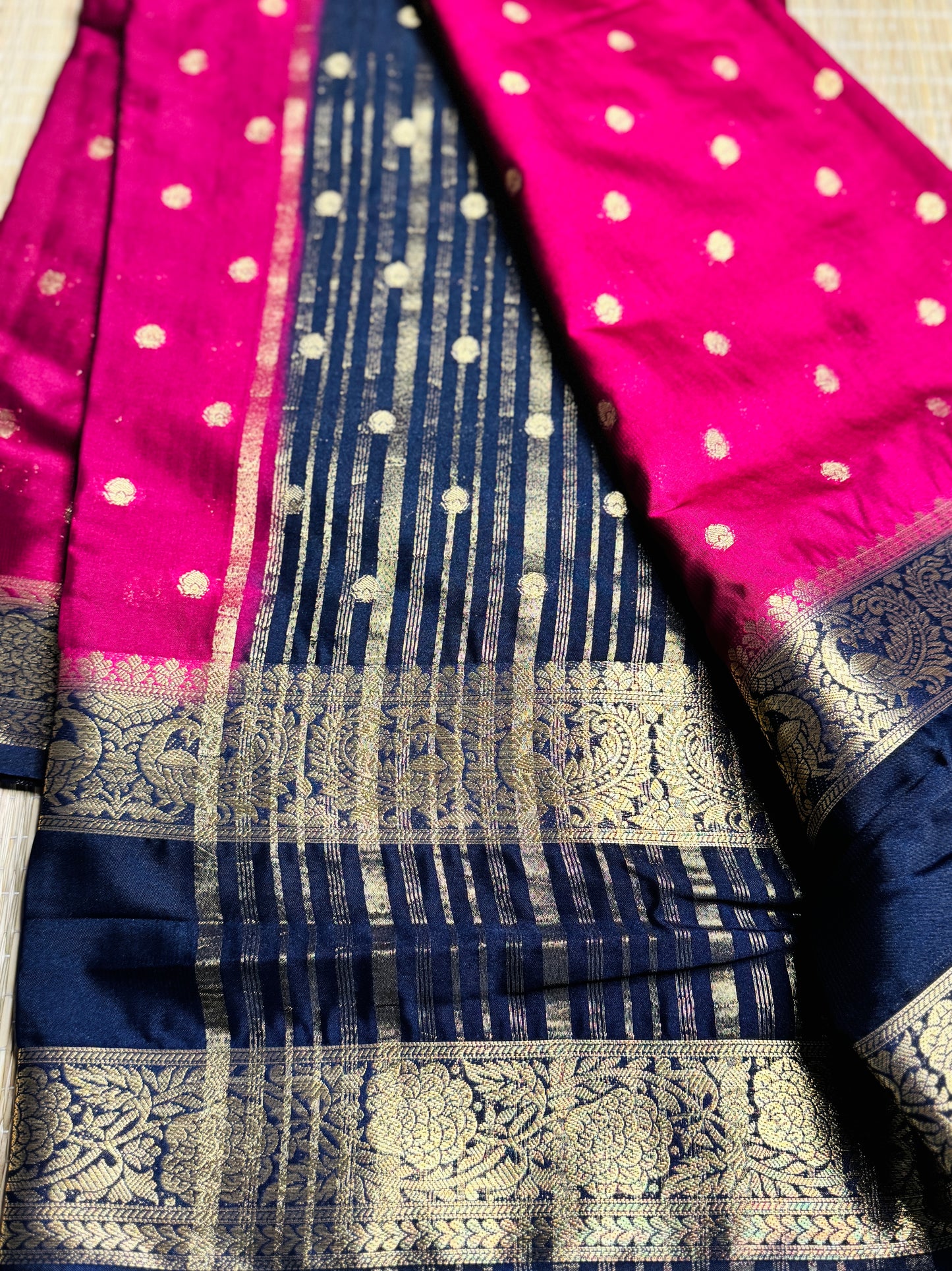 Magenta pink and Black Semi Mysore silk Crepe saree with Bentex border